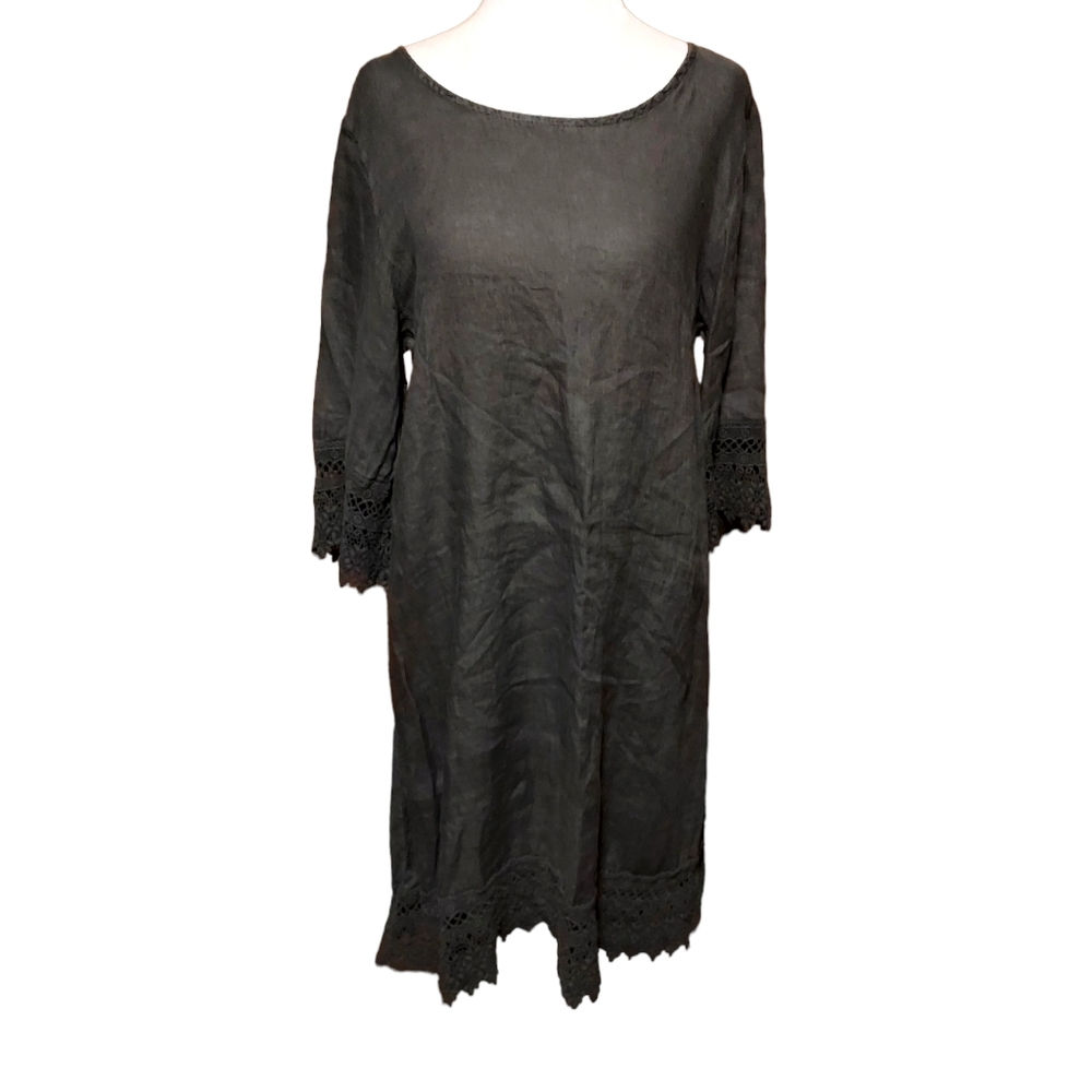 Stella Rosa S Midi Dress 100% Linen Gray Lace Cuffs Lightweight Breathab…
